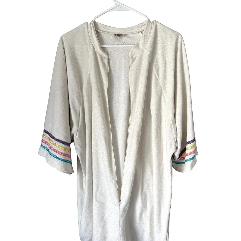 Vintage Rainbow Fashions Cream Velour Zip Caftan Robe Rainbow Trim‎ OS